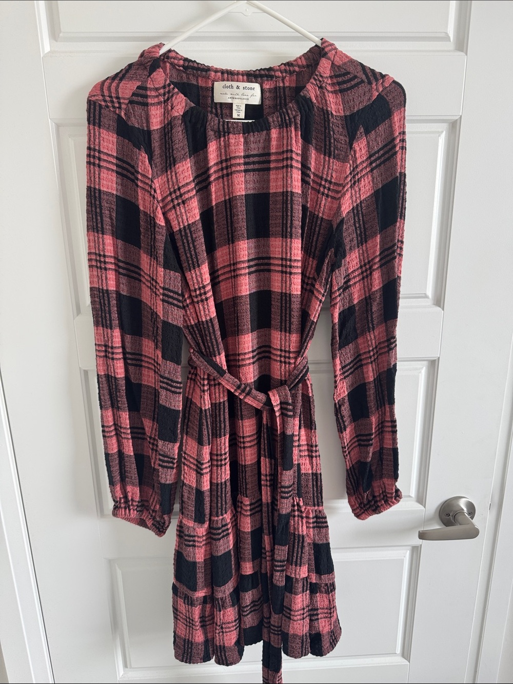 Anthropologie Pink and Black Plaid Long Sleeve Belted Dress